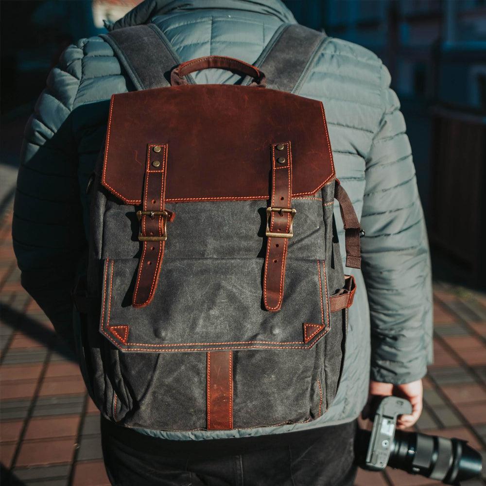 waxed canvas camera and lens backpack grey - Woosir