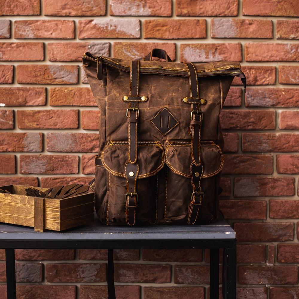 Waxed Canvas Backpacks Brown - Woosir