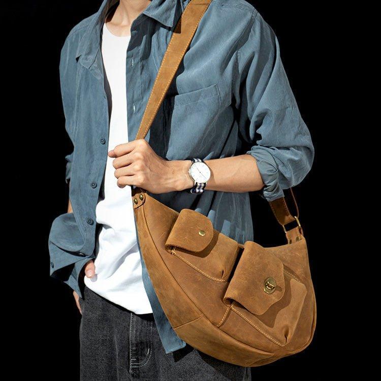 Simple casual natural real leather men Wide shoulder straps black shoulder  bag everyday outdoor women soft cowhide crossbody bag