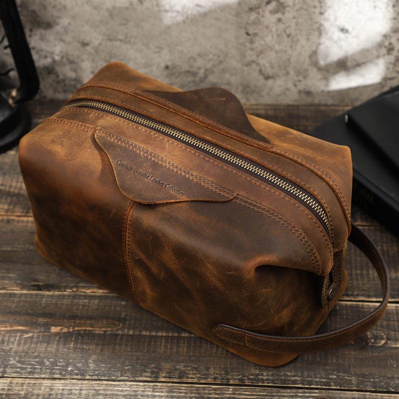 mens leather toiletry bag dopp kit brown - Woosir
