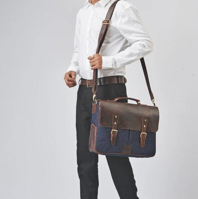 Canvas and Leather Messenger Bag for Men blue - Woosir