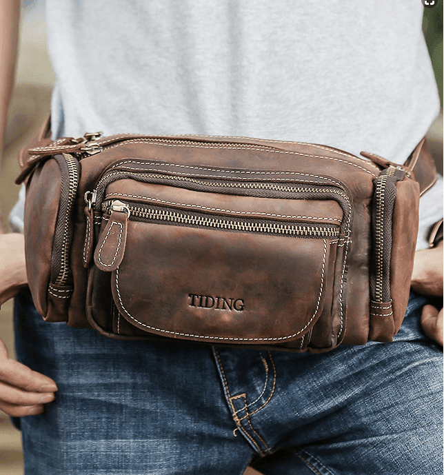 mens waist pack bags leather brown - Woosir