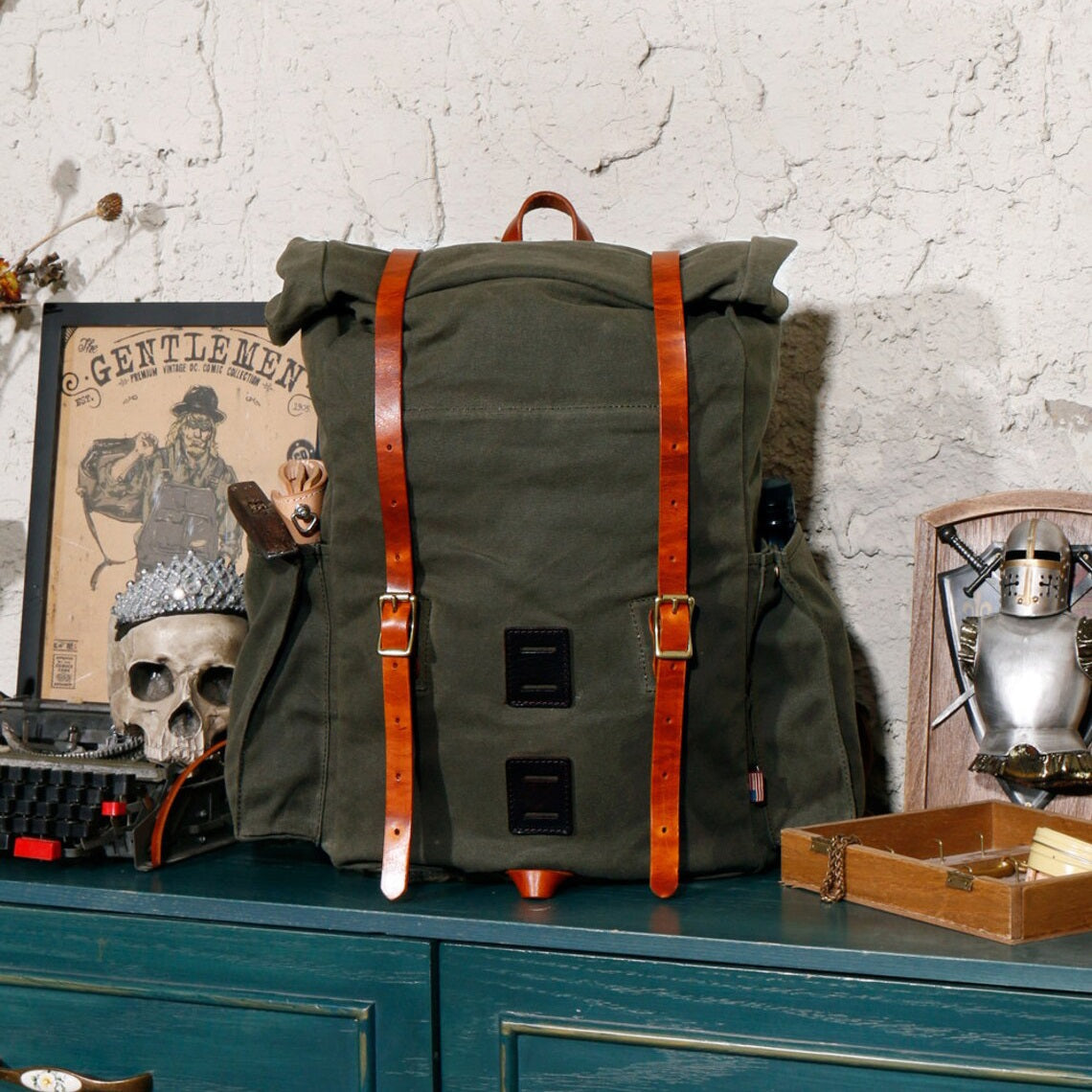 Vintage canvas roll top backpack-woosir