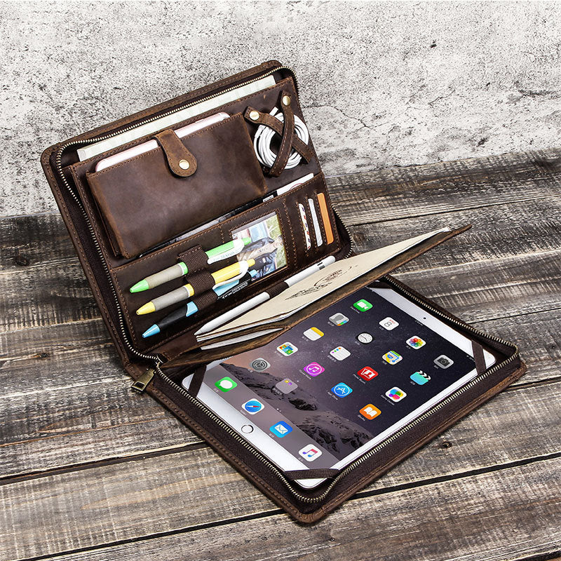 vintage leather portfolio case for ipad brown-woosir