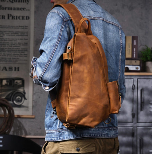 Vintage Genuine Leather One Shoulder Backpack model rear view
