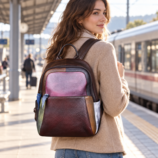 Vintage Full-Grain Leather Color-Block Backpack C305-3 model 2 lifestyle image