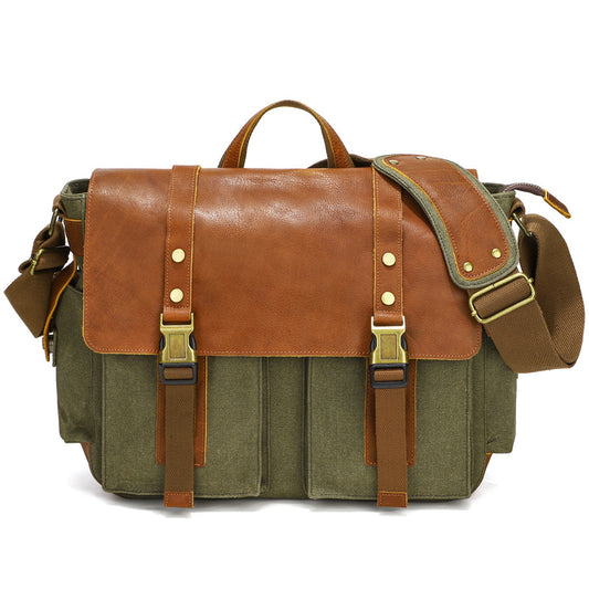 Mens Waxed Canvas Briefcase with Top-Grain Leather - Woosir