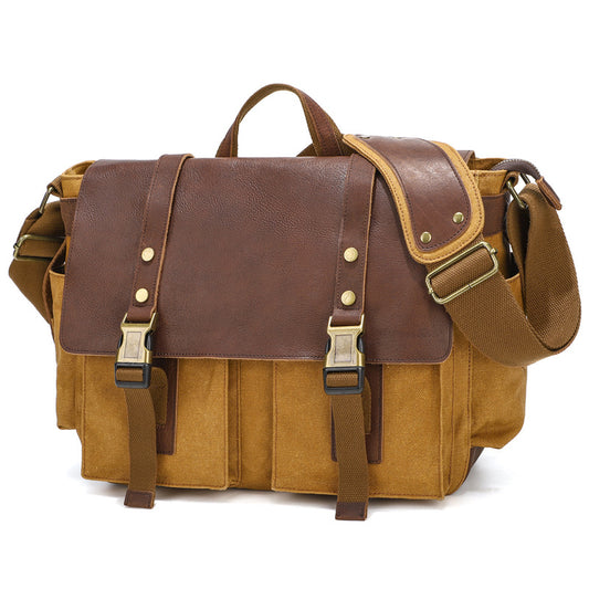 Mens Waxed Canvas Briefcase with Top-Grain Leather - Woosir