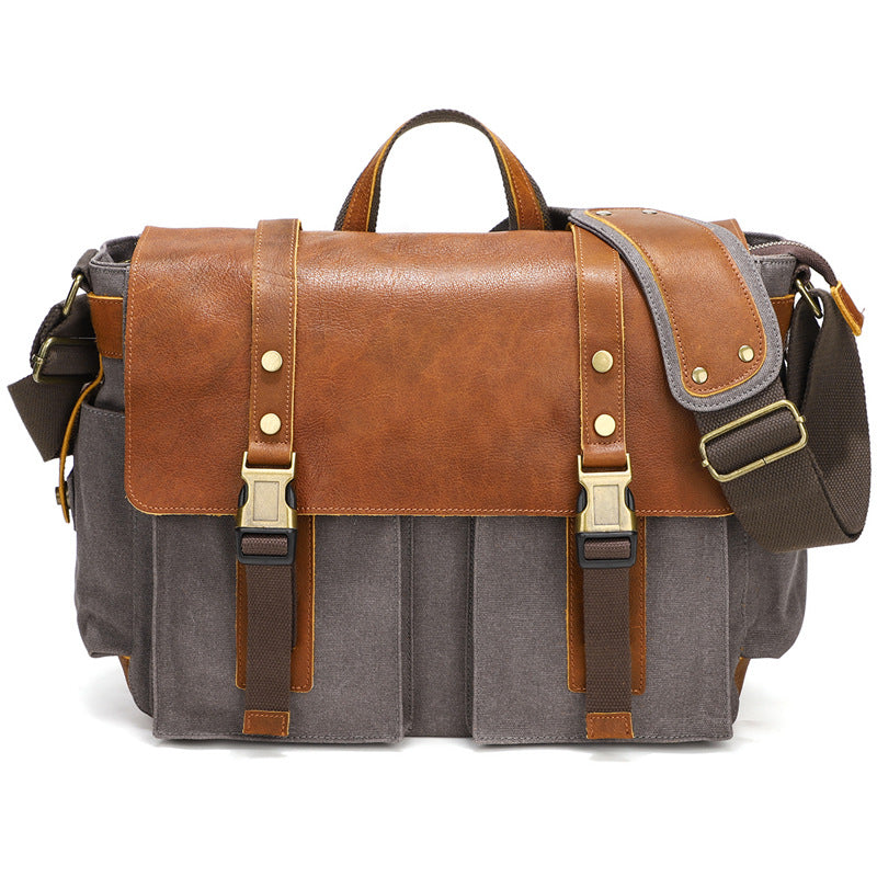 Mens Waxed Canvas Briefcase with Top-Grain Leather - Woosir