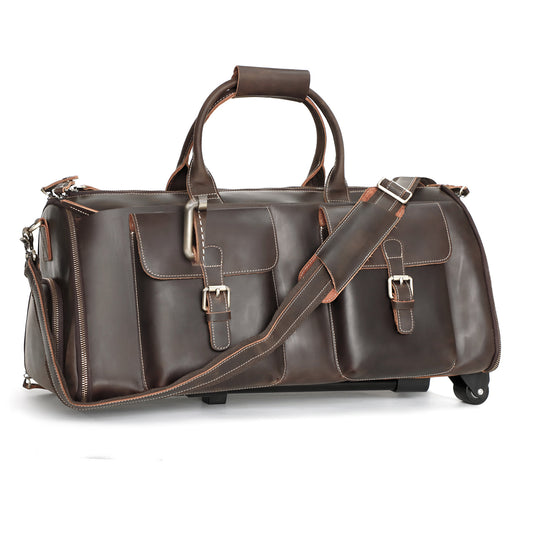 Travel Leather Duffle Bag with Wheels and Shoe Compartment