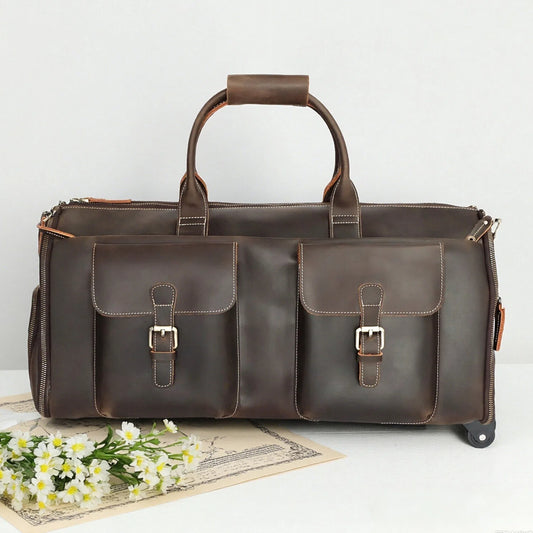 Travel Leather Duffle Bag with Wheels and Shoe Compartment