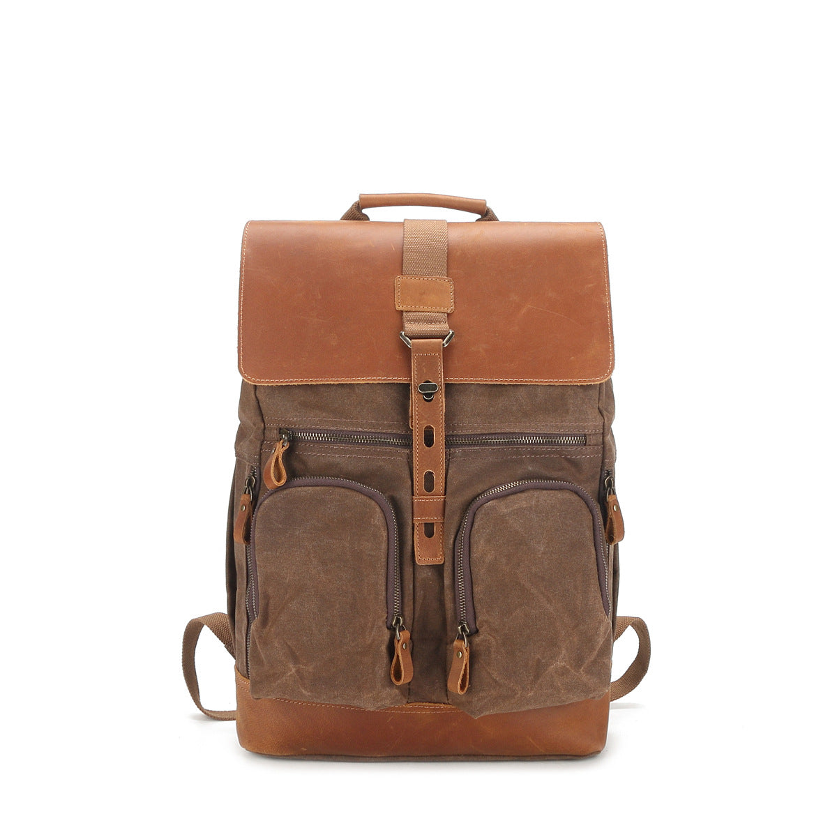Waxed Canvas Backpack with Top-grain Leather, Army Green