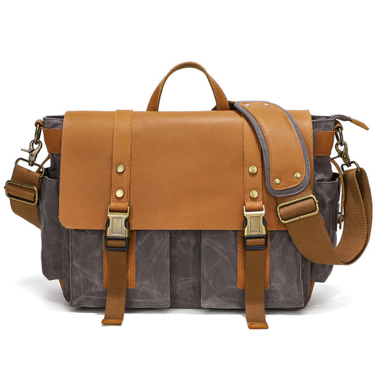 Waxed Canvas Briefcase with Crazy Horse Leather - Woosir