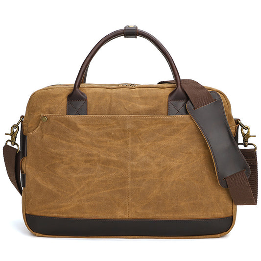 Waxed Canvas Briefcase with Crazy Horse Leather for Laptop - Woosir