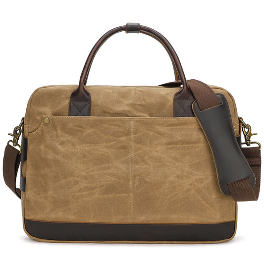 Waxed Canvas Briefcase with Crazy Horse Leather for Laptop - Woosir