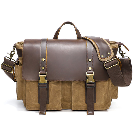 Waxed Canvas Briefcase with Crazy Horse Leather - Woosir