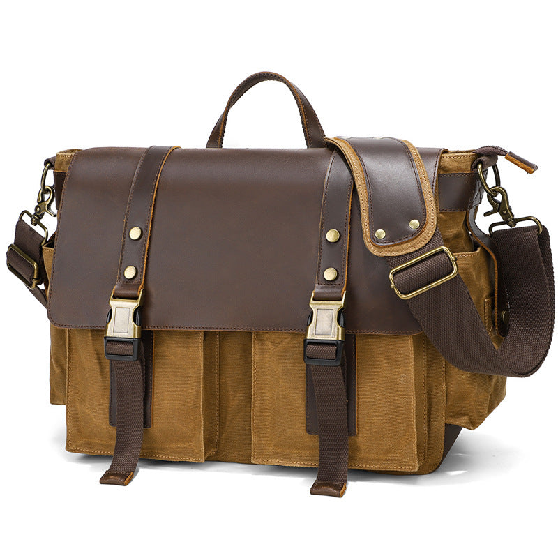 Waxed Canvas Briefcase with Crazy Horse Leather - Woosir