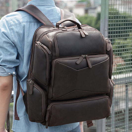 17-inch Leather Backpack Travel Vintage - Woosir