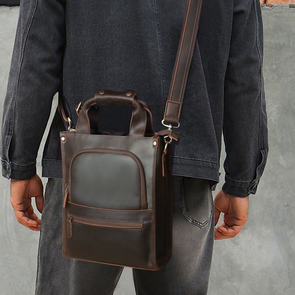 Vertical Leather Messenger Bag For Men - Woosir