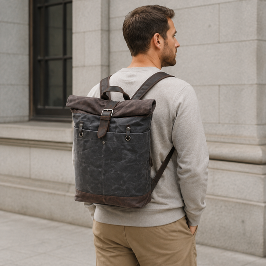 Vintage Roll Top Waxed Canvas Backpack Rucksack exact product model front lifestyle