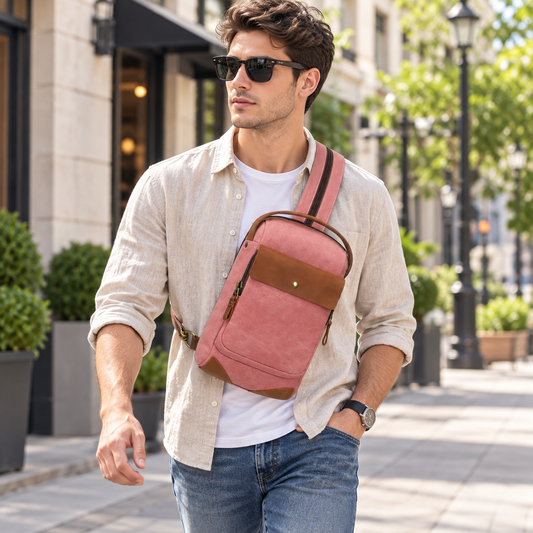 Woosir generated model 1 | pink-canvas-chest-sling-bag-leather-flap