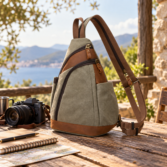 Woosir generated scene 1 | vintage-olive-canvas-chest-sling-bag-leather-trim