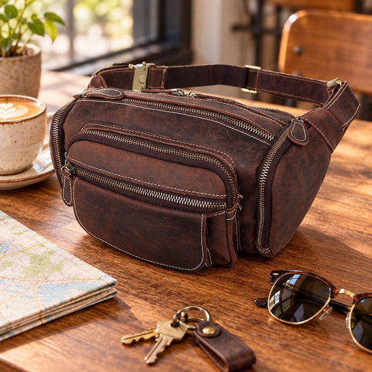 Vintage leather waist bag cafe lifestyle scene