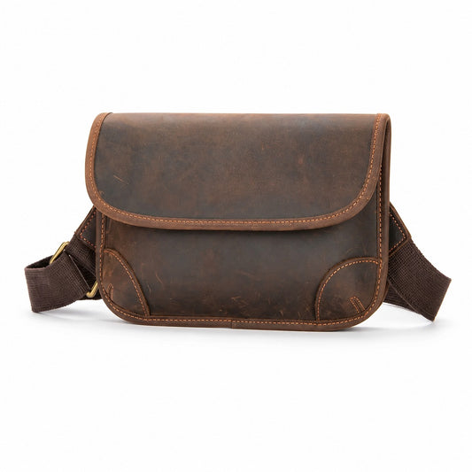 Brown genuine leather compact crossbody bag white background front view