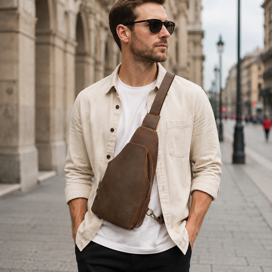 Woosir full grain leather compact chest bag model travel wearing