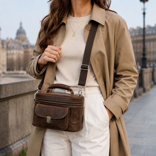 Woosir leather travel organizer camera crossbody bag model urban travel