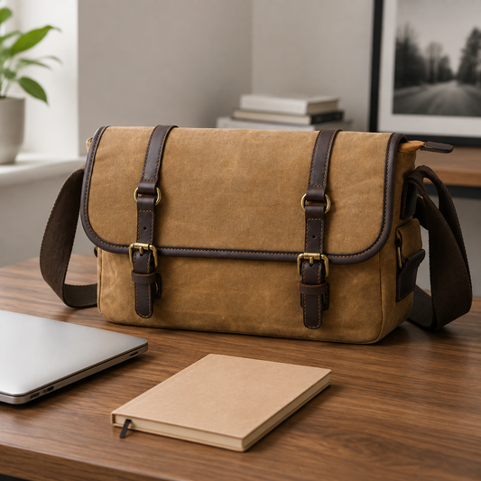 Waxed Canvas Messenger Bag with Leather Trim exact product scene desk lifestyle