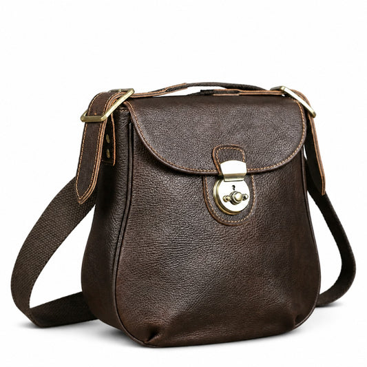 Vintage coffee leather lock messenger bag white background front view