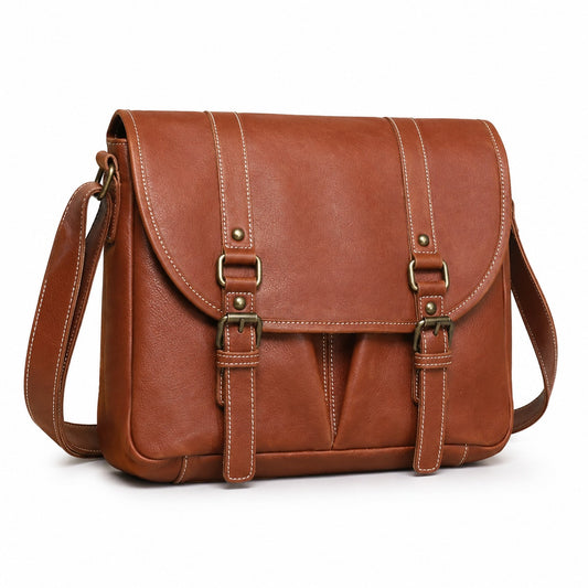 Woosir Vintage Full-Grain Leather Messenger Bag white front variant Vintage Brown
