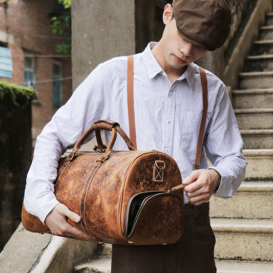Embossed Full Grain Leather Duffle Bag for Men - Woosir