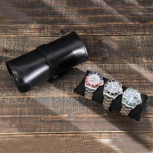 Woosir Leather Black Watch Roll Case for 3 Watches - Woosir