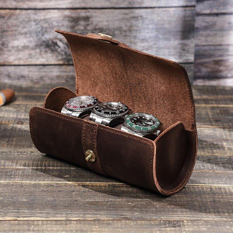 Watch Roll Travel Watch Box Leather Woosir Round Shape Leather