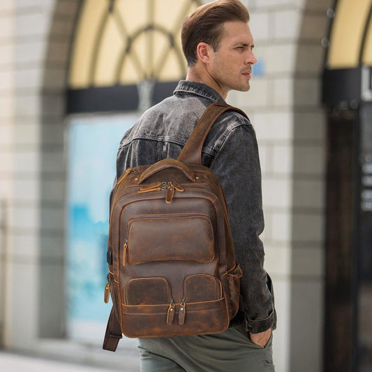 Mens Leather Backpack Multi Pocket - Woosir