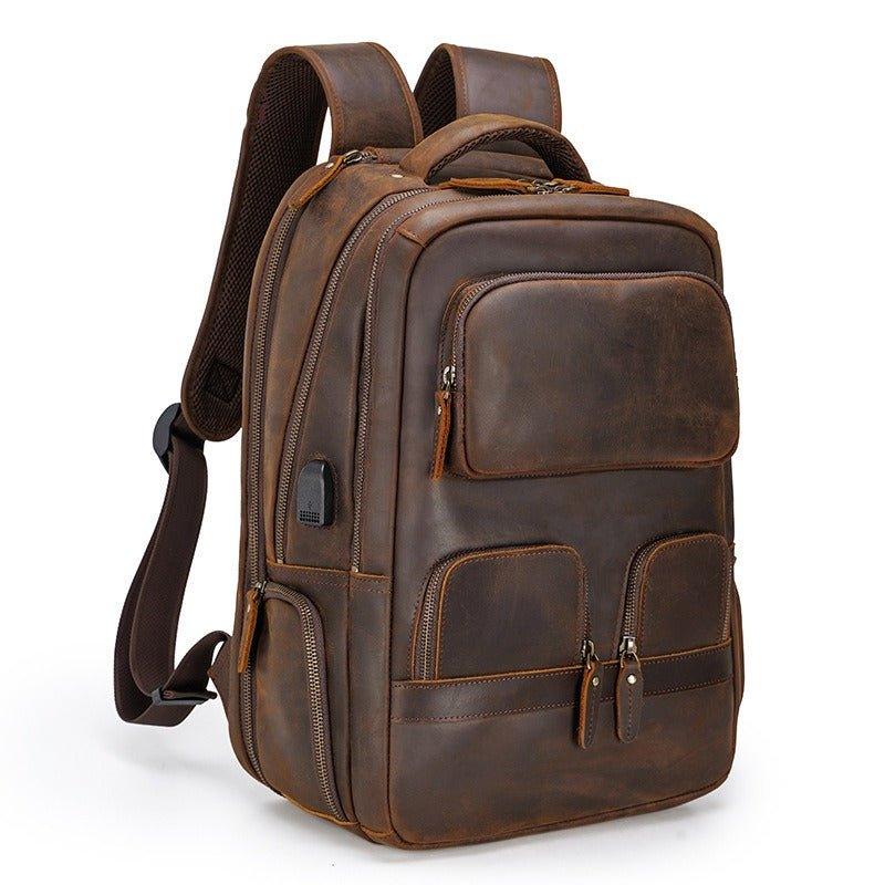 backpack laptop compartment multiple pockets Mens Leather Backpack Multi Pocket