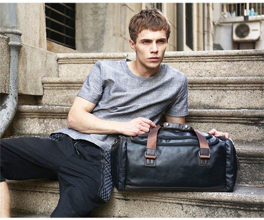 Mens PU Leather Gym Bag Sports Duffel Travel Luggage - Woosir