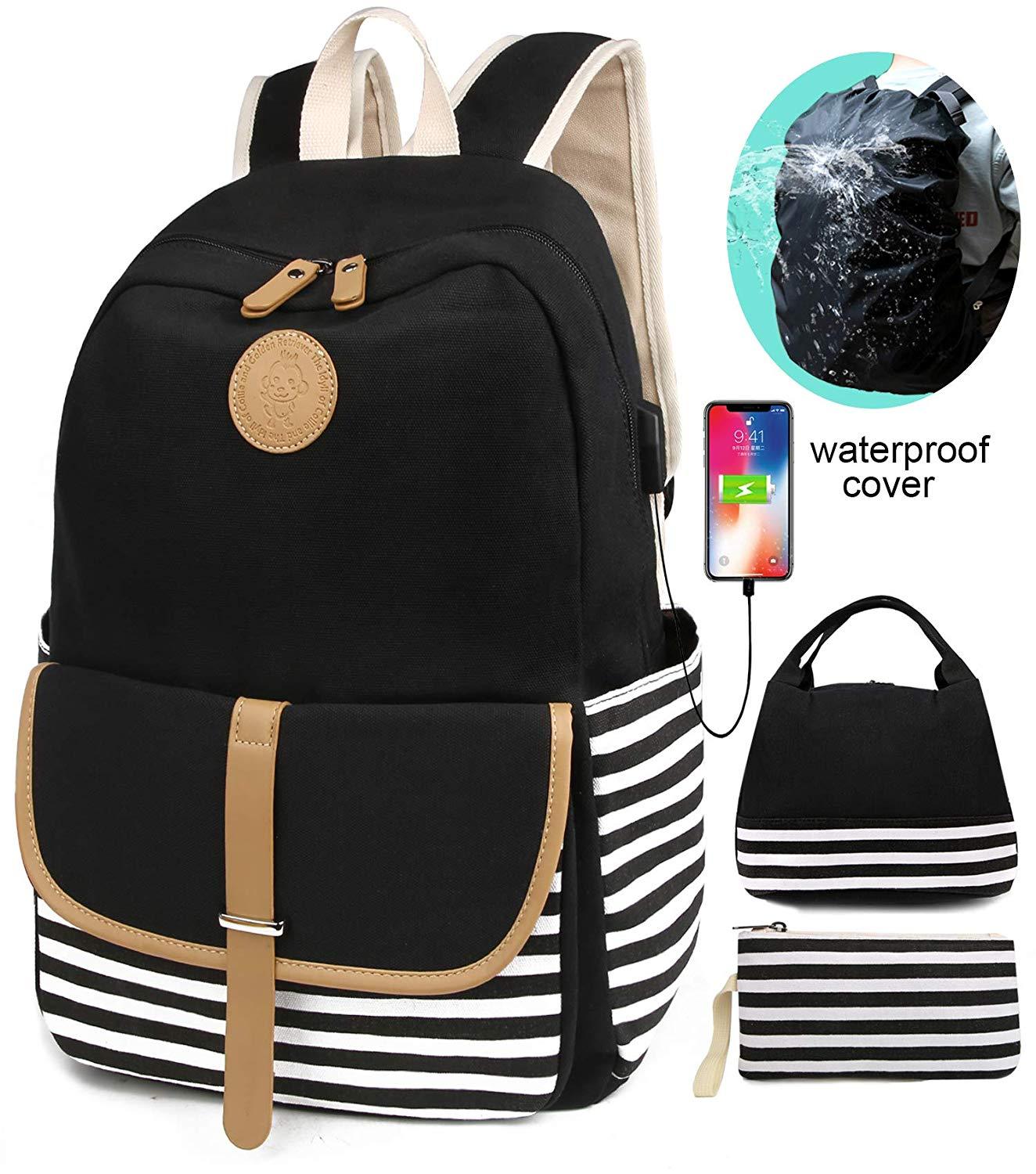 best school bags with rain cover School Backpacks for Women with USB Port and Rain Cover, Black