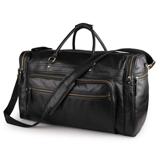 Black Leather Travel Duffle Bag Mens Large - Woosir