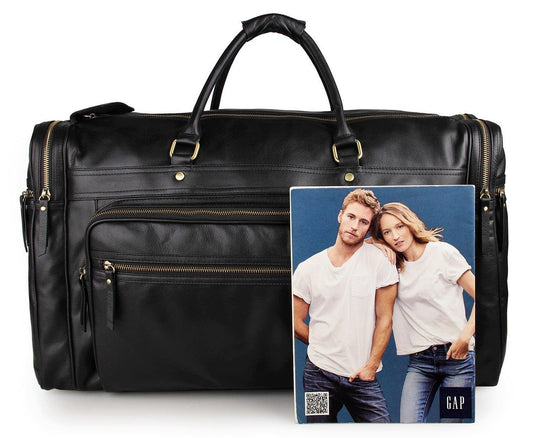 Black Leather Travel Duffle Bag Mens Large - Woosir