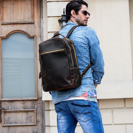 Woosir Brown Leather Backpack Vintage Laptop Rucksack - Woosir