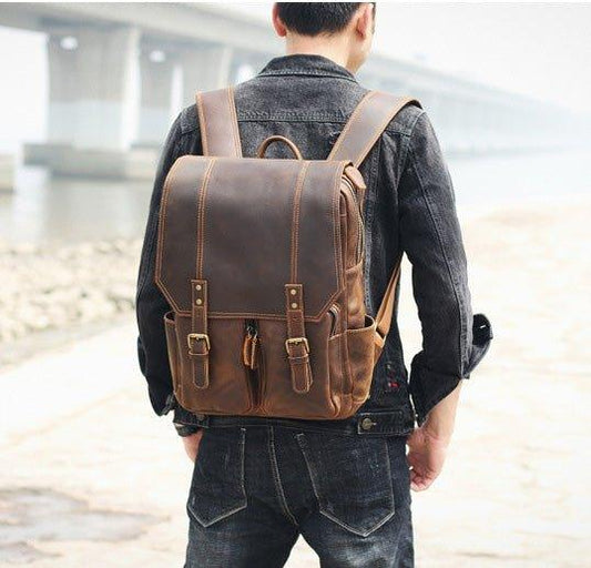 Brown Leather Backpack Vintage for 17" Laptop - Woosir