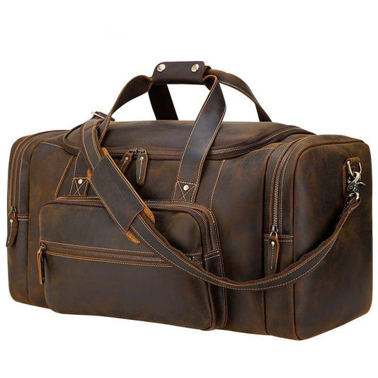 Brown Leather Duffle Bag with Front Pocket - Woosir