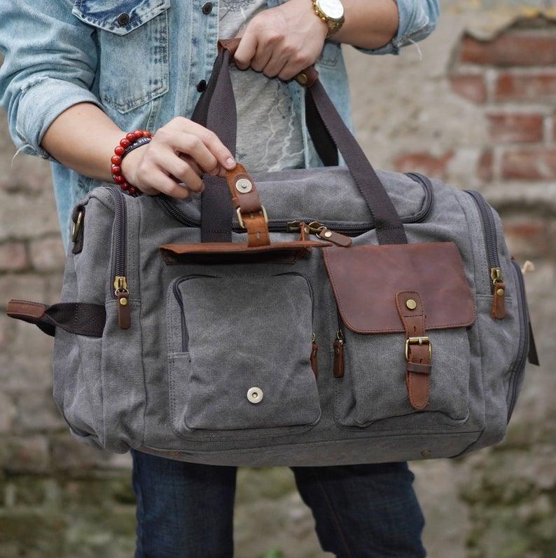 Canvas Duffle Bag Oversized Genuine Leather Bags - Woosir