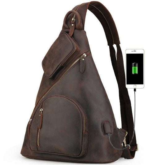 Casual Leather Sling Backpack with USB Port - Woosir