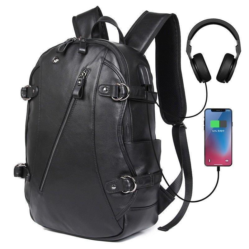 black leather school backpack Mens Leather Backpacks for School with USB Port 15.6 Inches