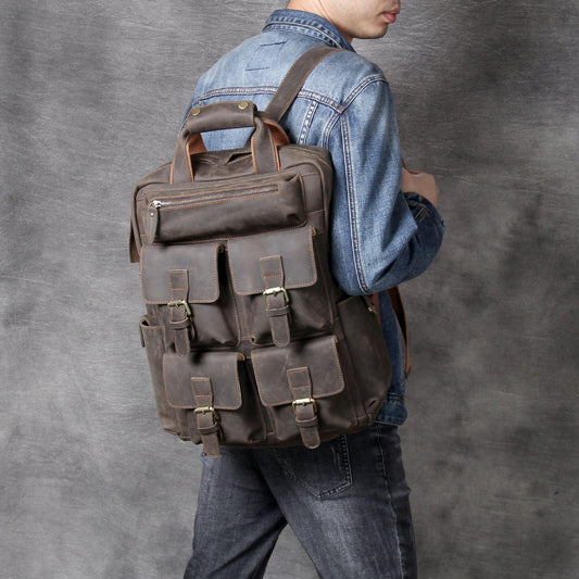 Mens Leather Backpack Laptop with Front Pockets - Woosir