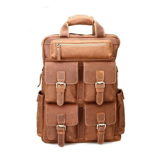 Mens Leather Backpack Laptop with Front Pockets - Woosir